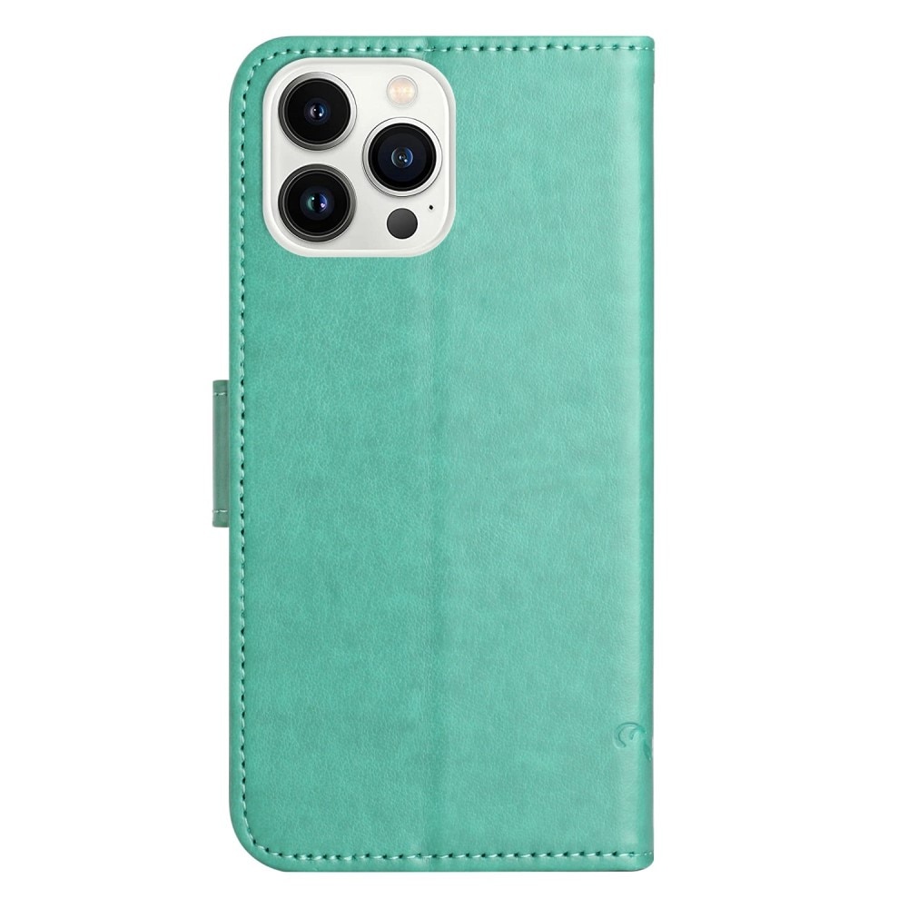 Custodia in pelle a farfalle per iPhone 14 Pro, verde