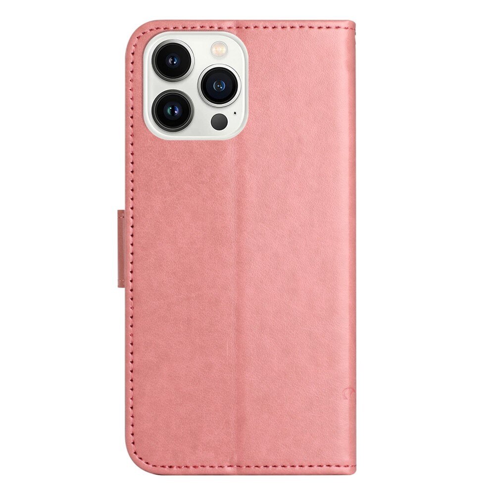 Custodia in pelle a farfalle per iPhone 14 Pro, rosa