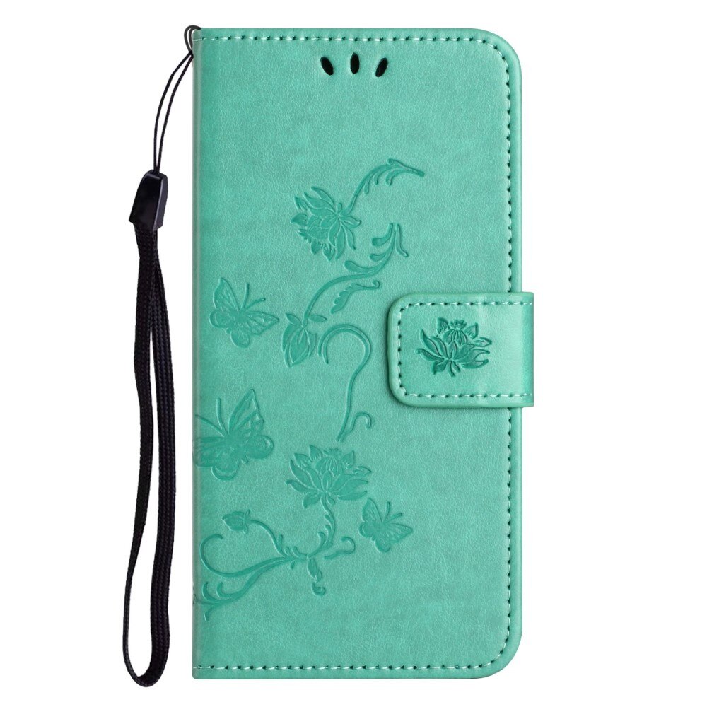 Custodia in pelle a farfalle per iPhone 14, verde