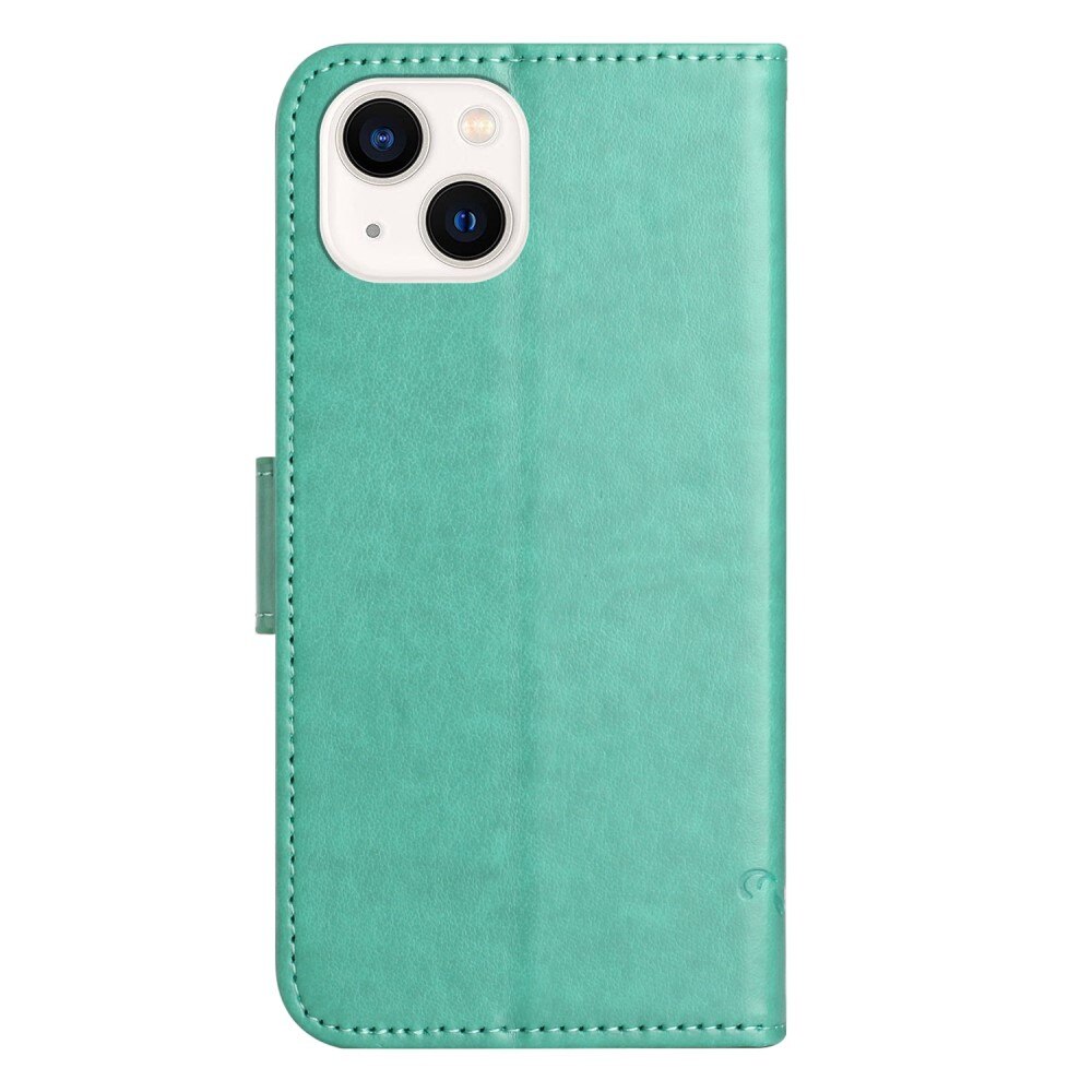 Custodia in pelle a farfalle per iPhone 14, verde