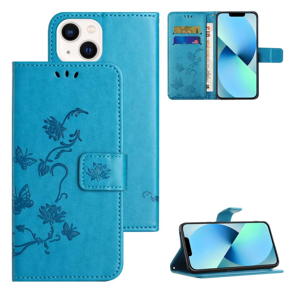 Custodia in pelle a farfalle per iPhone 14 Plus, blu