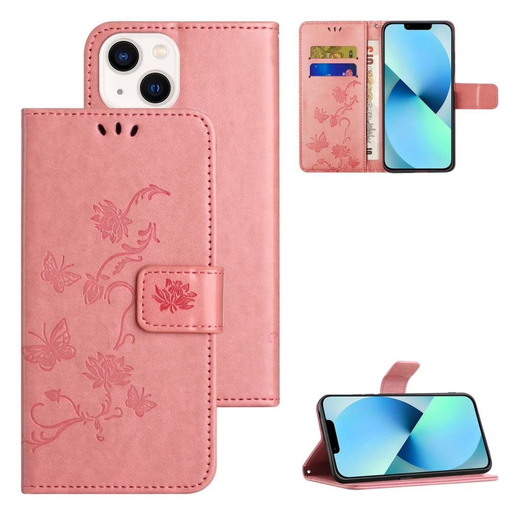 Custodia in pelle a farfalle per iPhone 14, rosa