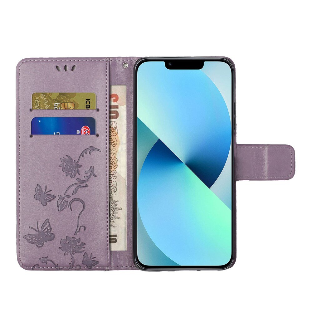 Custodia in pelle a farfalle per iPhone 14 Plus, Viola