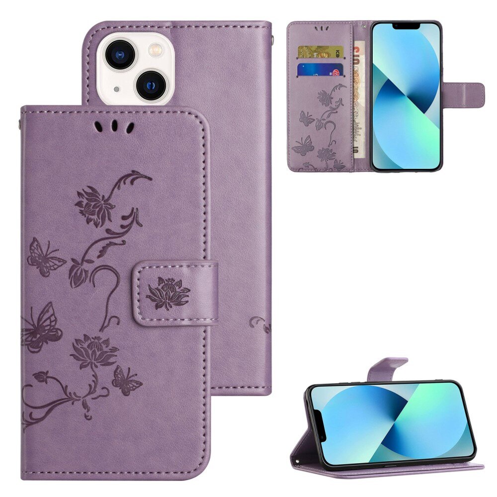 Custodia in pelle a farfalle per iPhone 14 Plus, viola