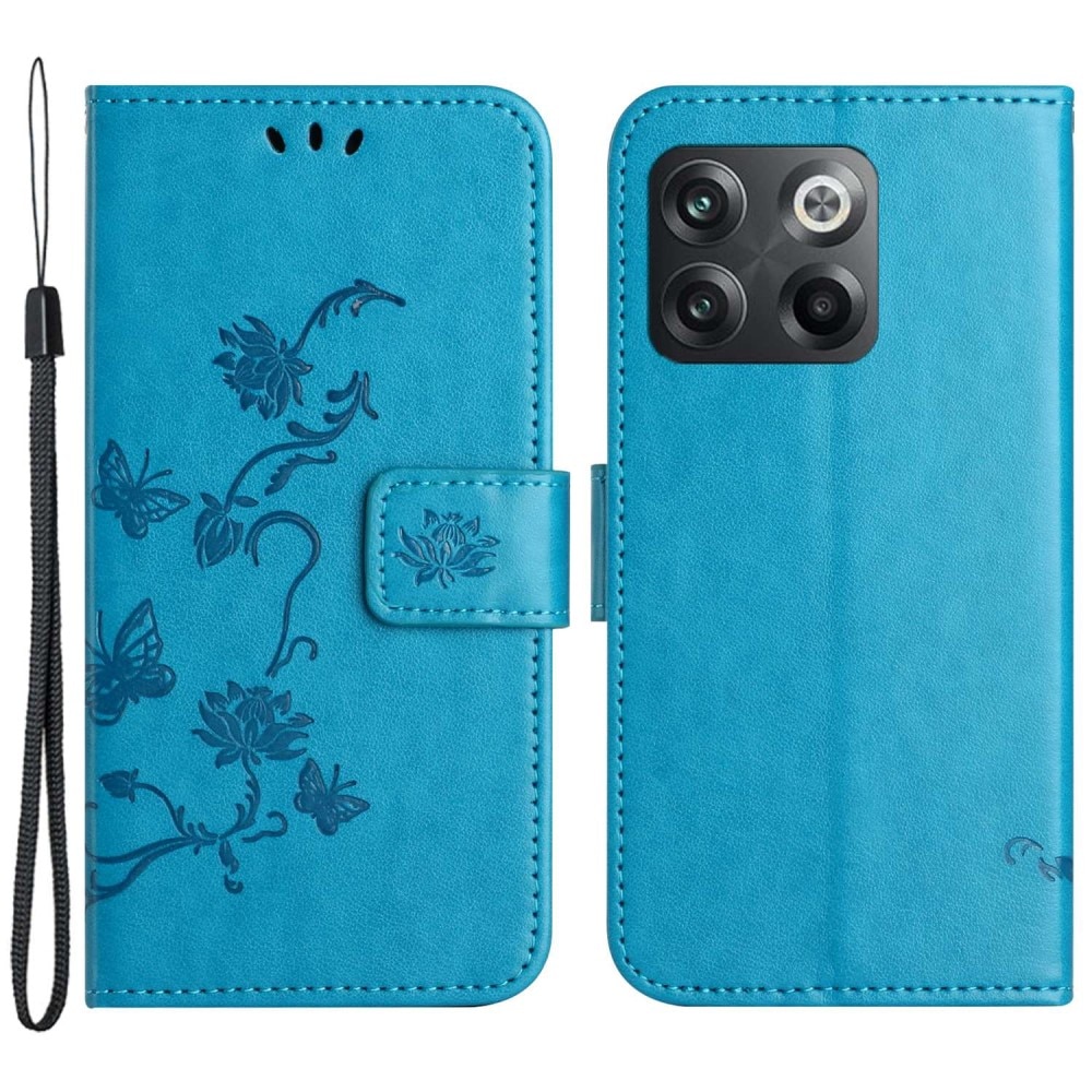 Custodia in pelle a farfalle per OnePlus 10T, blu