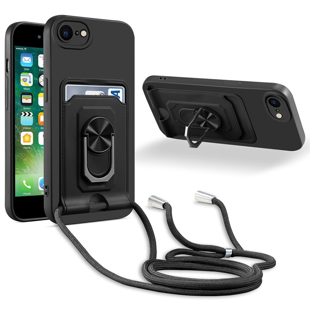 Cover Portacarte con anello e cordino iPhone SE (2022) nero