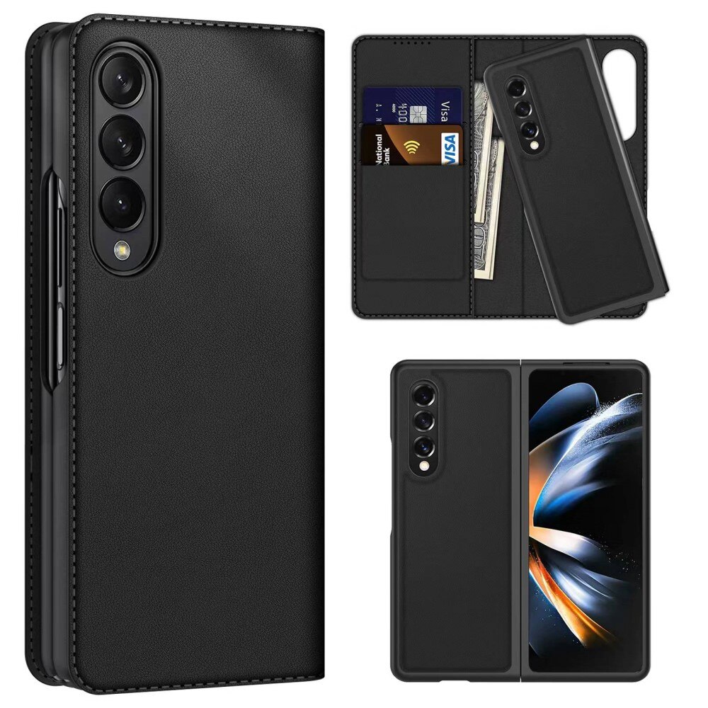 Custodia a portafoglio in vera pelle Samsung Galaxy Z Fold 4, nero