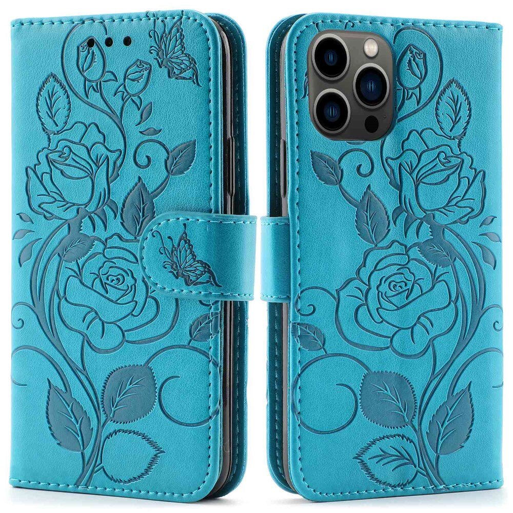 Custodia in pelle con rose iPhone 12/12 Pro Blu