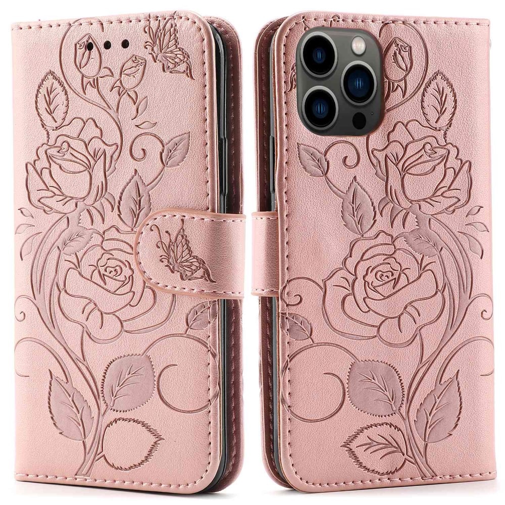 Custodia in pelle con rose iPhone 12/12 Pro rosa dorato