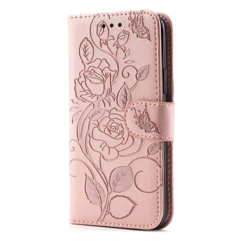 Custodia in pelle con rose iPhone 12/12 Pro rosa dorato