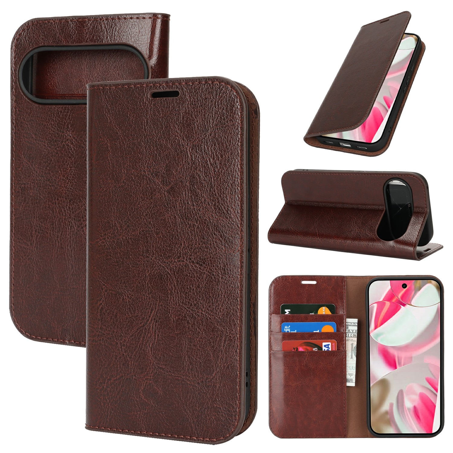 Cover Portafoglio in vera pelle Google Pixel 10 Marrone scuro