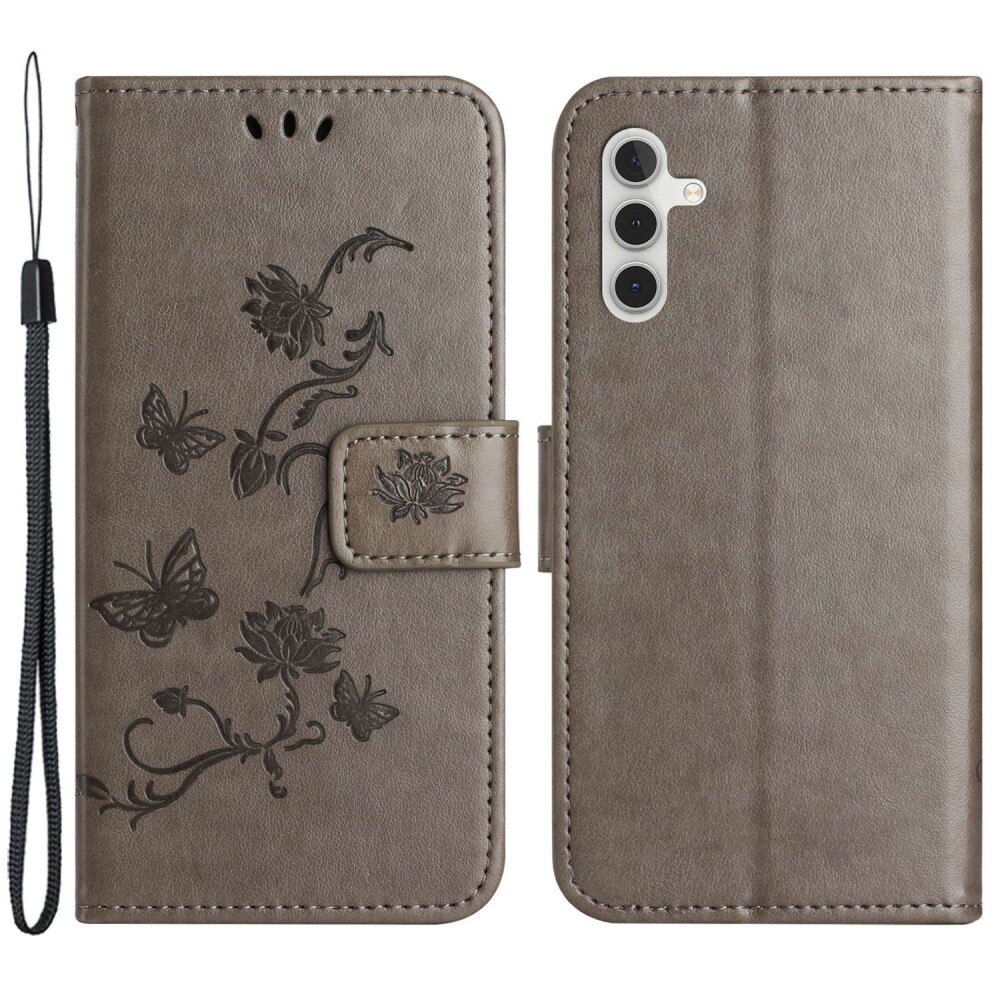 Custodia in pelle a farfalle per Samsung Galaxy A14, Grigio