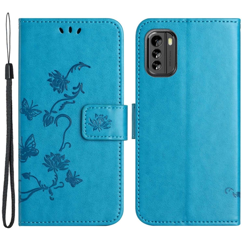 Custodia in pelle a farfalle per Nokia G60, blu