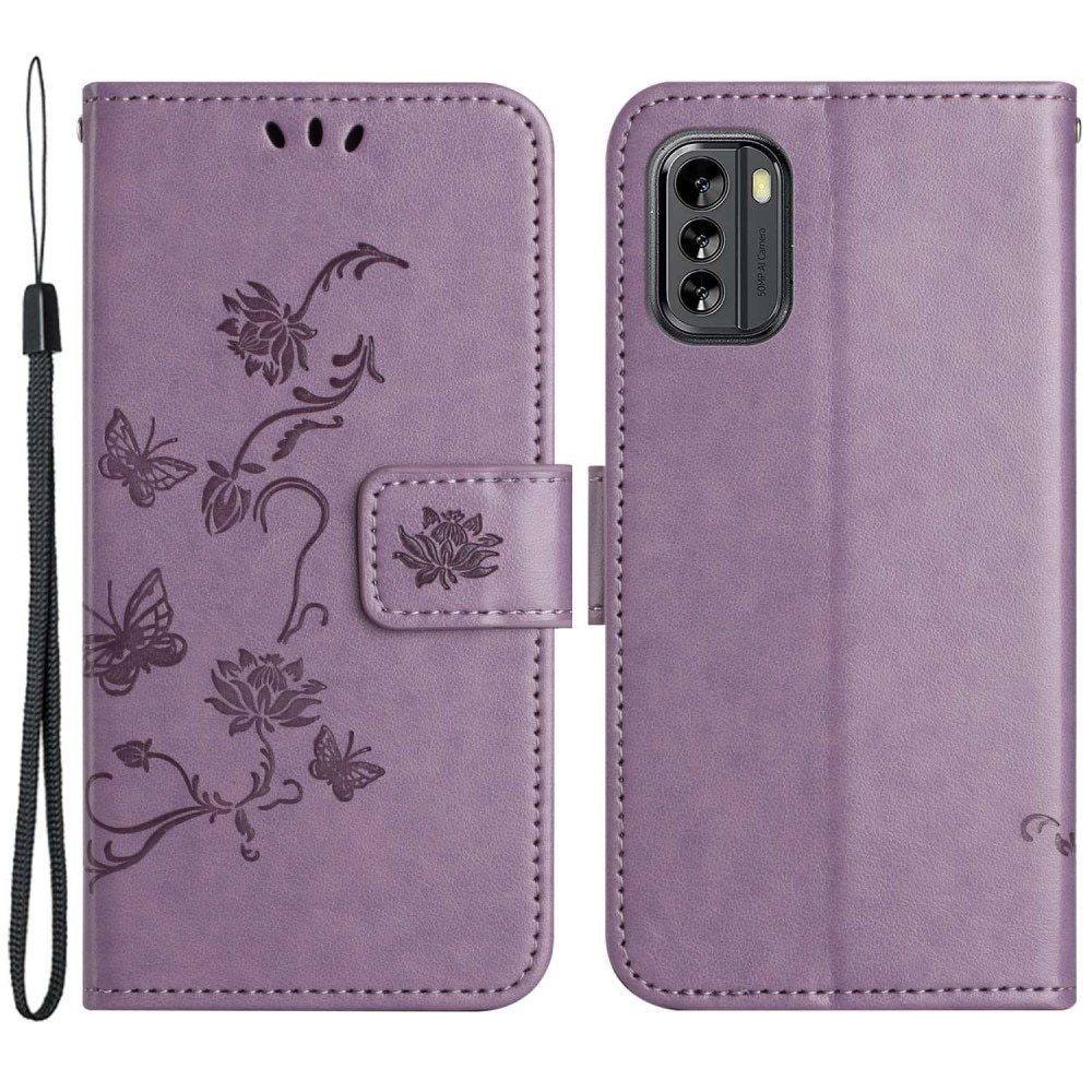 Custodia in pelle a farfalle per Nokia G60, viola