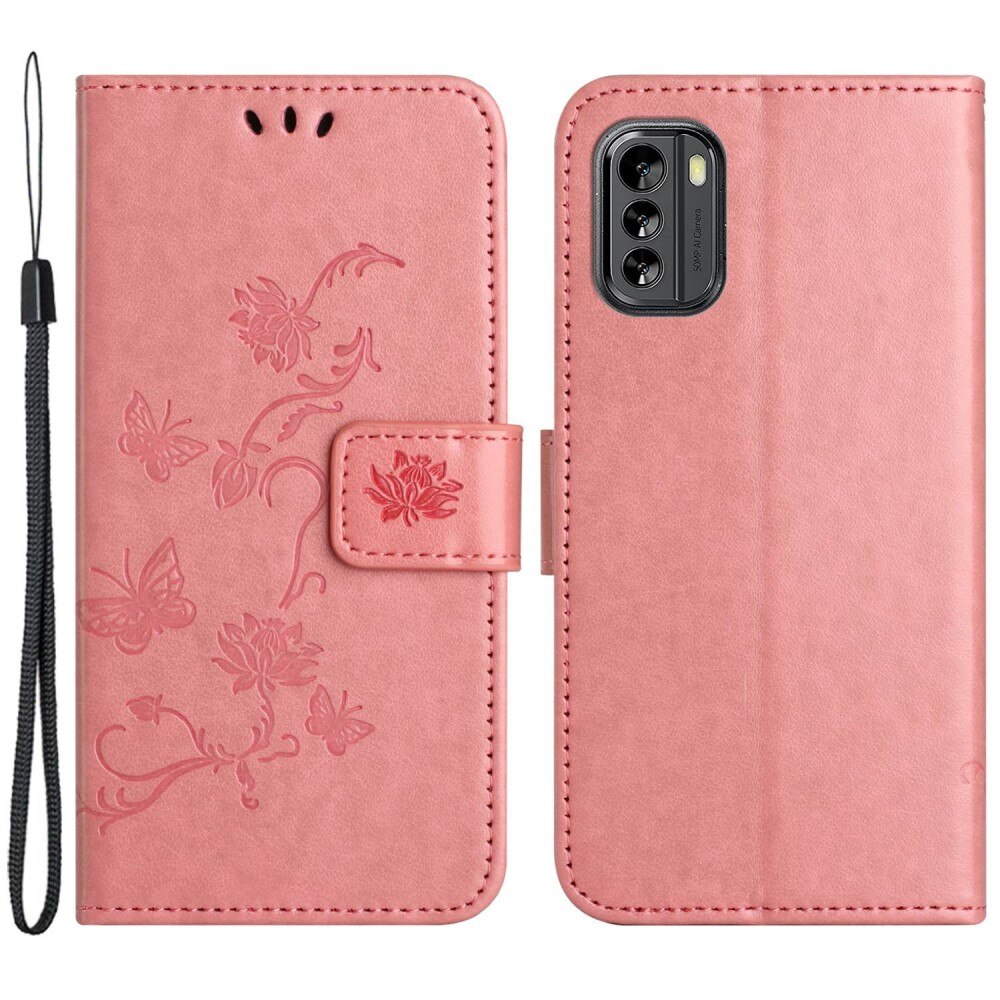 Custodia in pelle a farfalle per Nokia G60, rosa