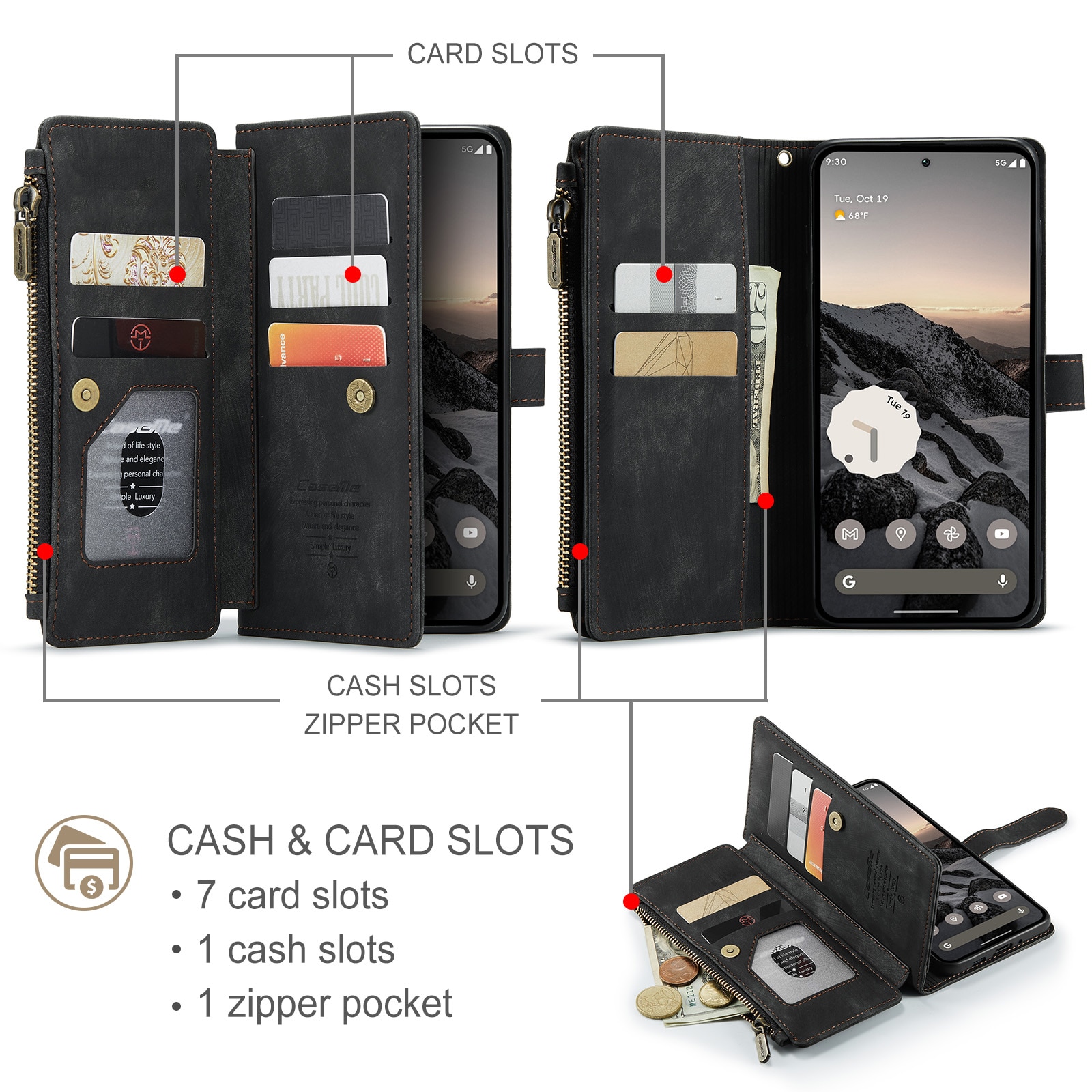 Custodie a portafoglio Zipper Google Pixel 10 Nero