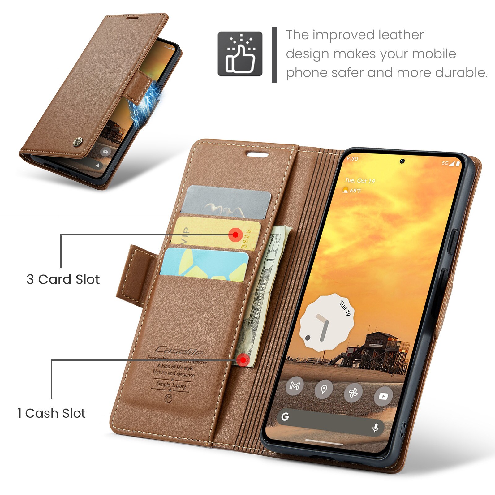 Custodie a portafoglio sottili anti-RFID Google Pixel 10 Marrone