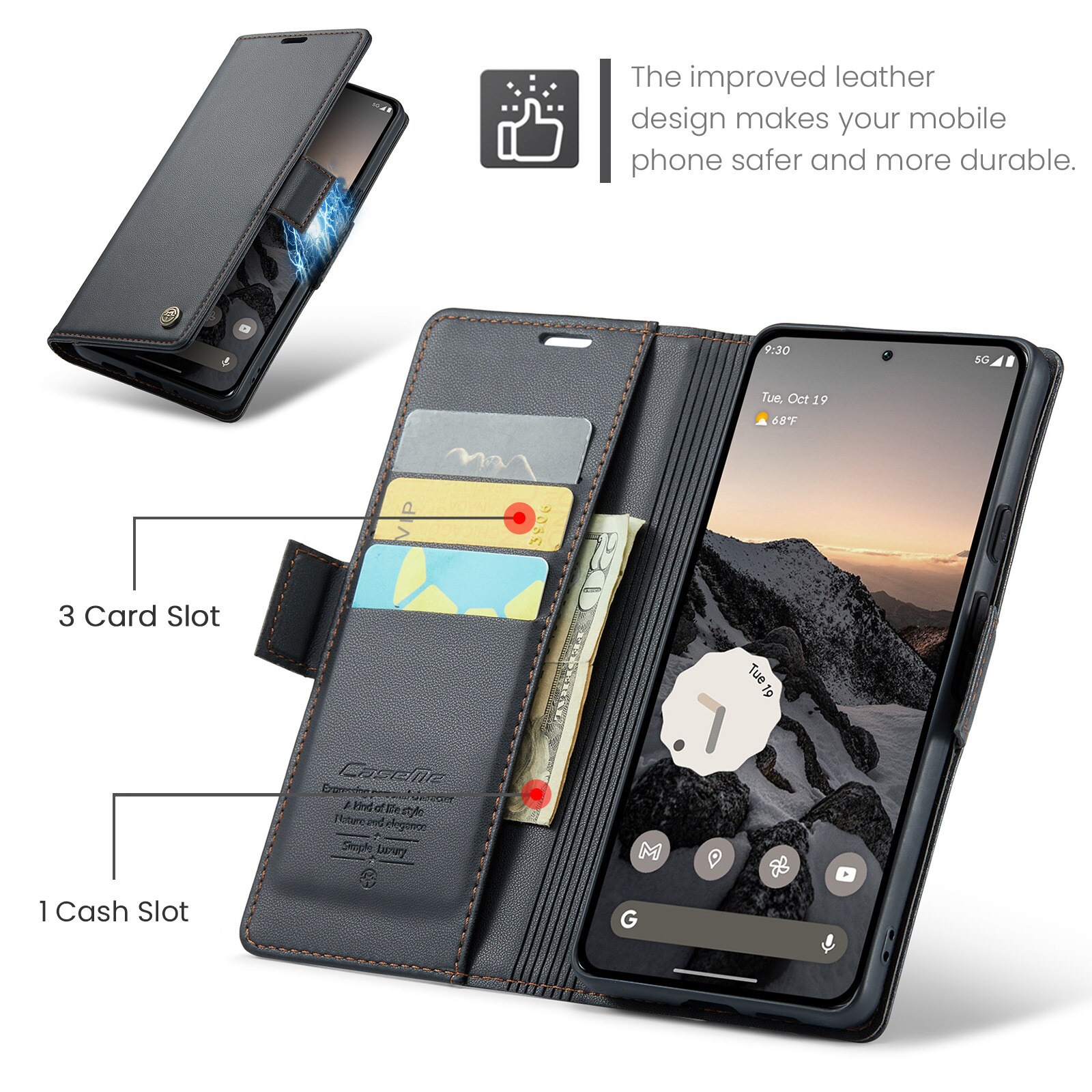 Custodie a portafoglio sottili anti-RFID Google Pixel 10 Nero