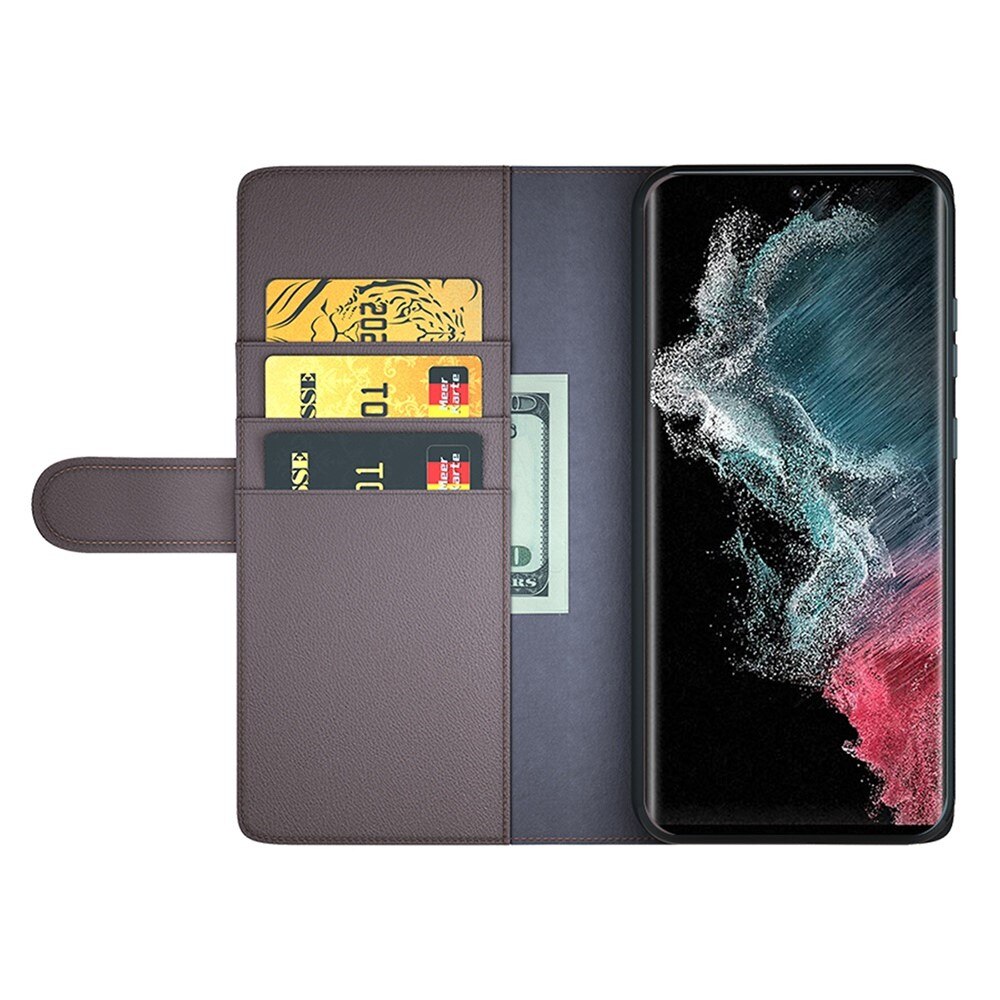 Custodia a portafoglio in vera pelle Samsung Galaxy S23 Ultra, Marrone