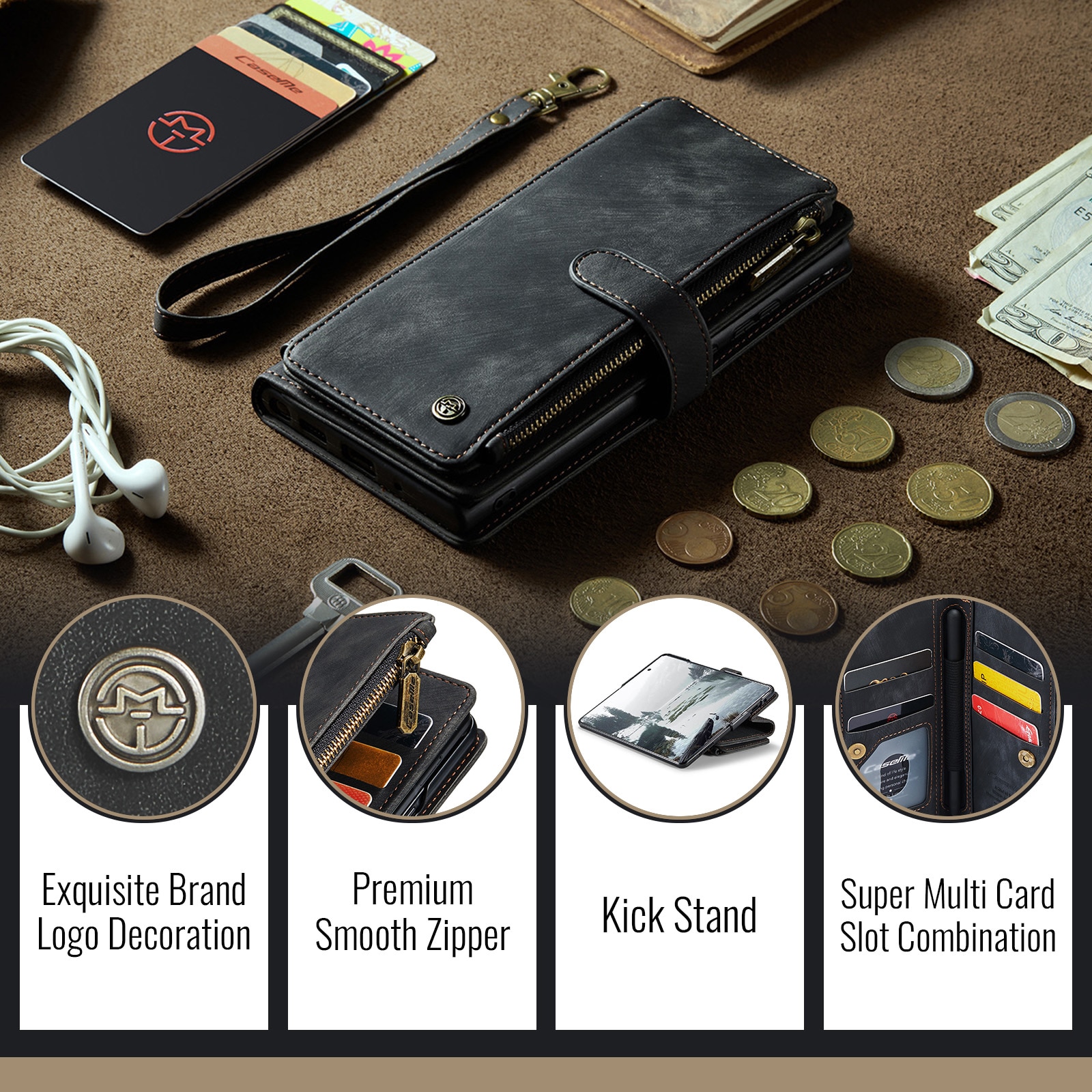 Custodie a portafoglio Zipper Samsung Galaxy Z Fold 7 nero