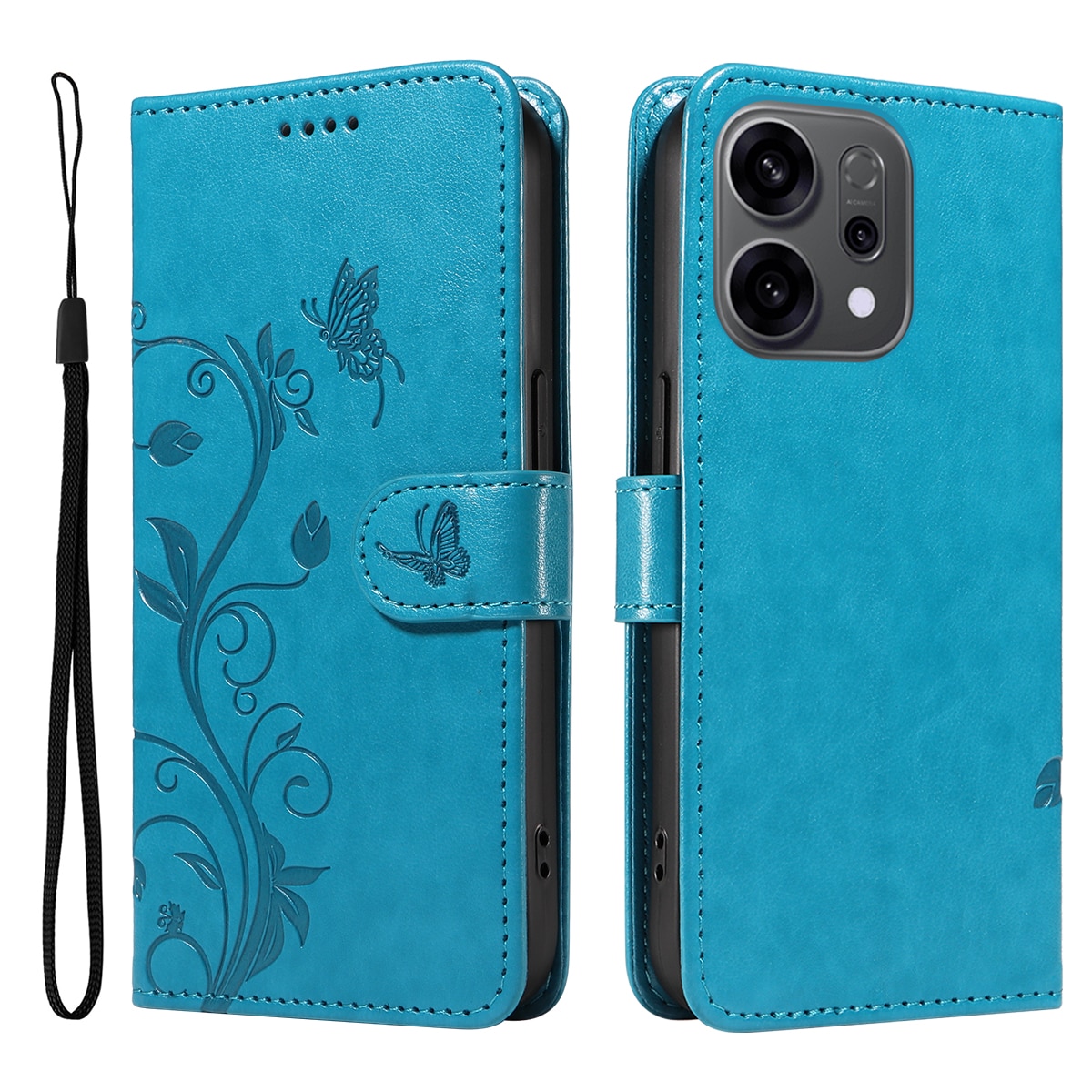 Custodia in pelle a farfalle per Oppo Reno 14 F, Blu
