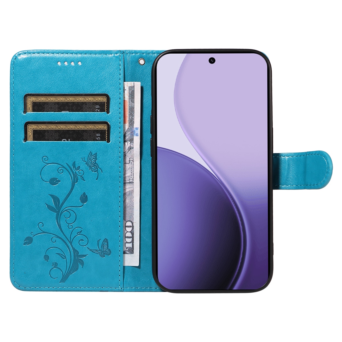 Custodia in pelle a farfalle per Oppo Reno 14 F, Blu