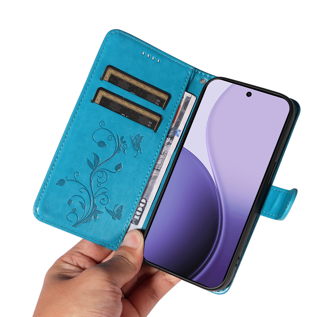 Custodia in pelle a farfalle per Oppo Reno 14 F, Blu
