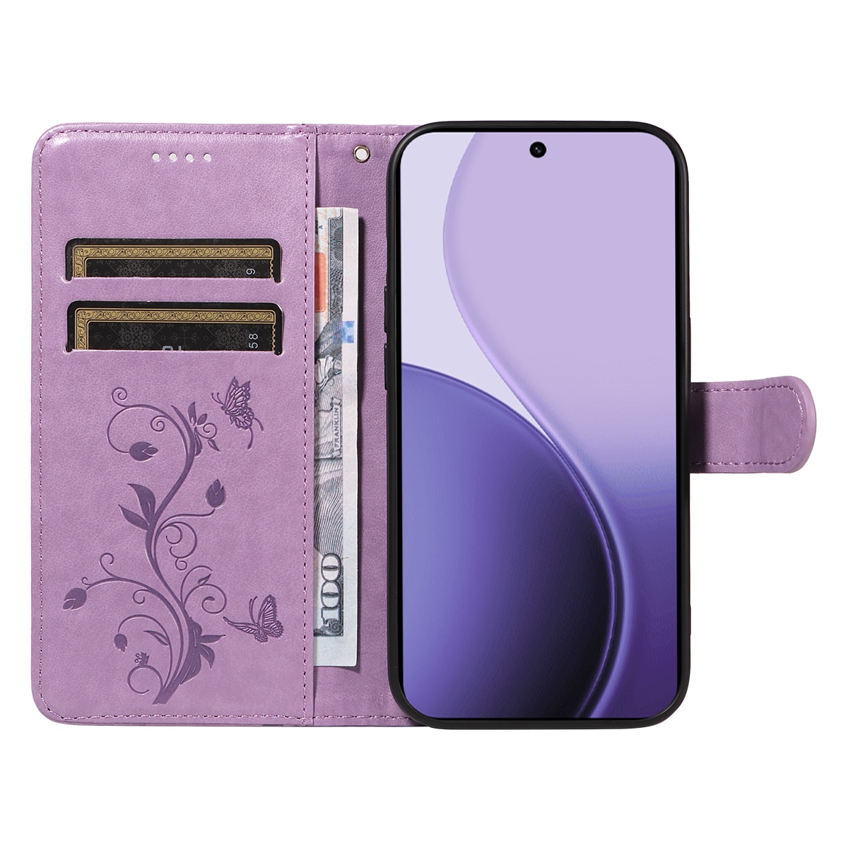Custodia in pelle a farfalle per Oppo Reno 14, Viola