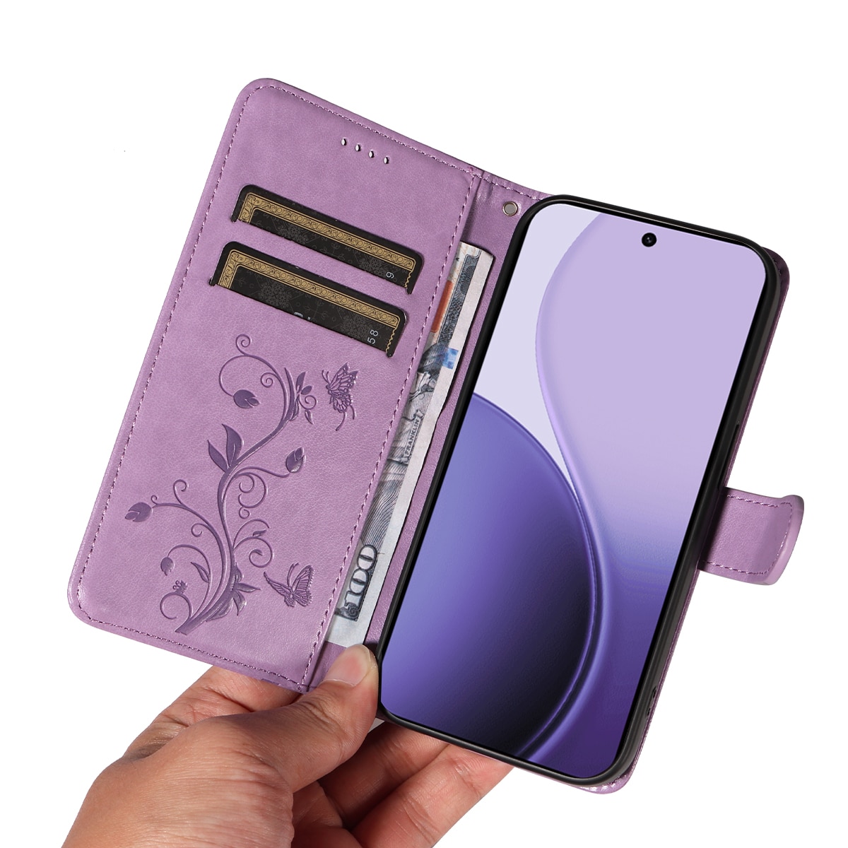 Custodia in pelle a farfalle per Oppo Reno 14, Viola