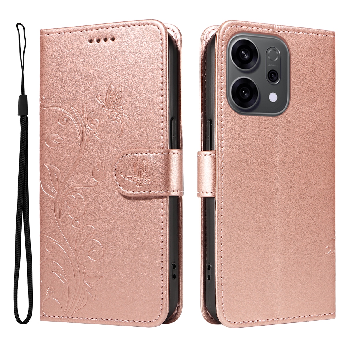 Custodia in pelle a farfalle per Oppo Reno 14 F, Oro rosa