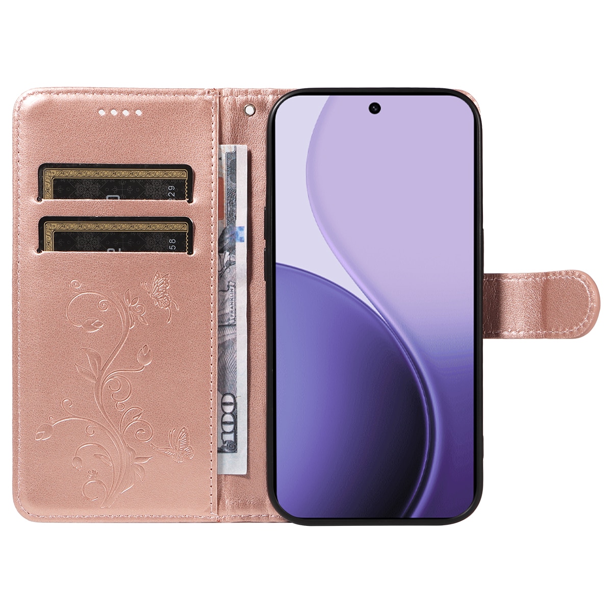 Custodia in pelle a farfalle per Oppo Reno 14 F, Oro rosa