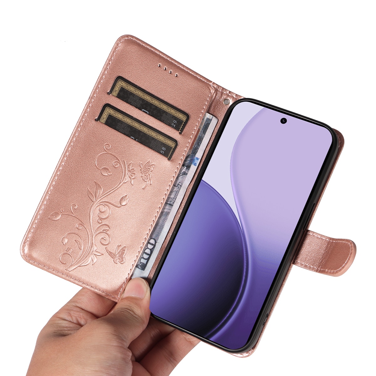 Custodia in pelle a farfalle per Oppo Reno 14 F, Oro rosa