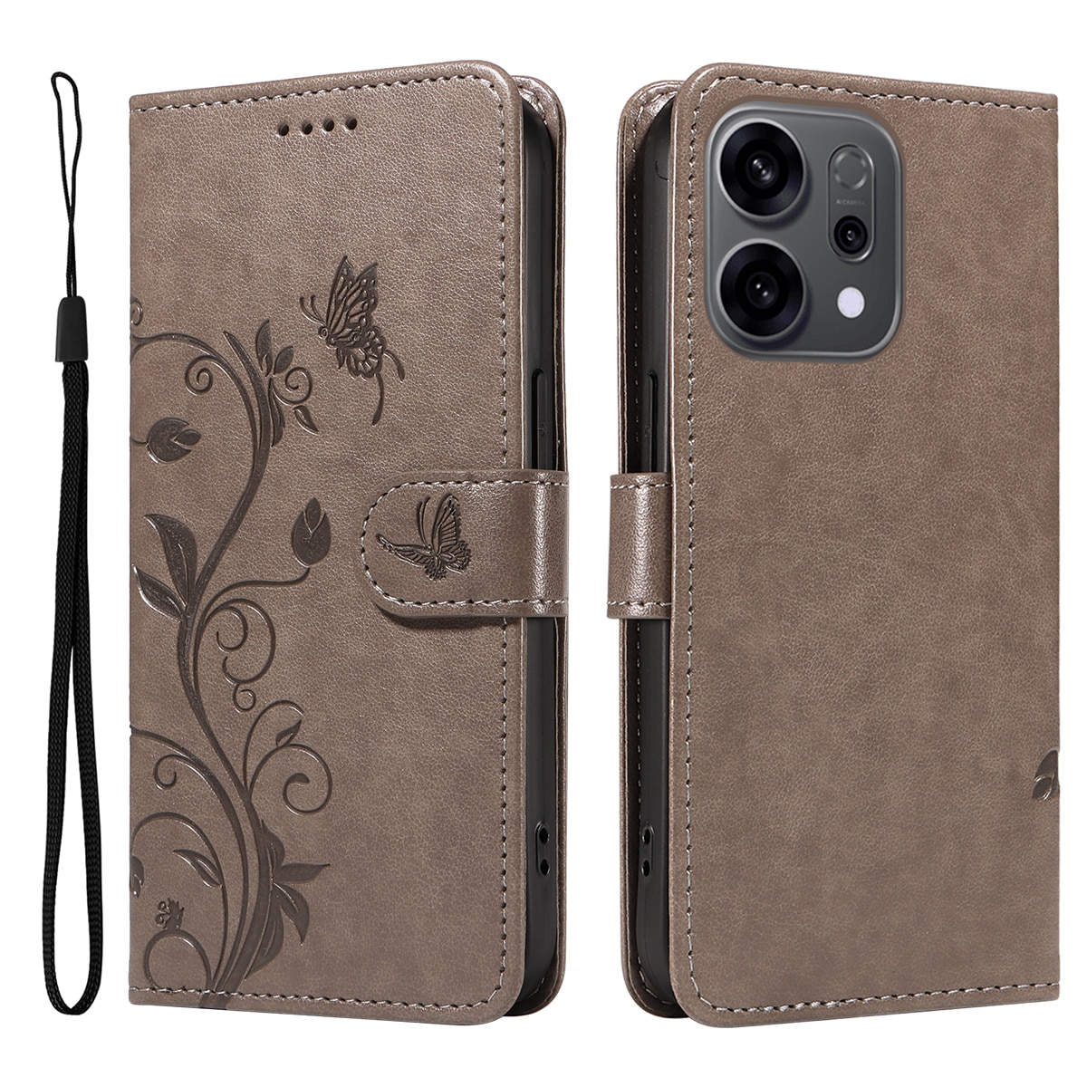 Custodia in pelle a farfalle per Oppo Reno 14 F, Grigio