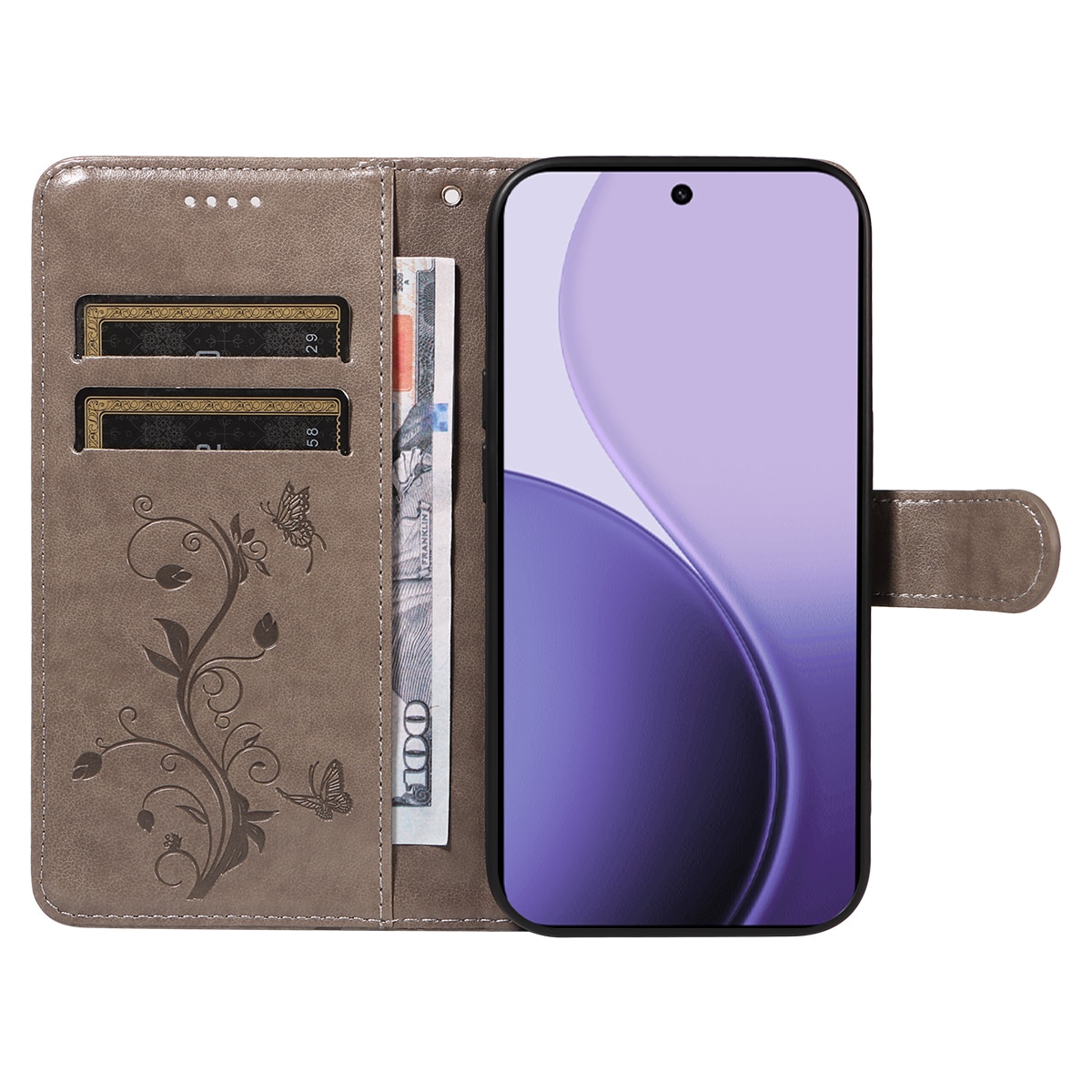 Custodia in pelle a farfalle per Oppo Reno 14 F, Grigio