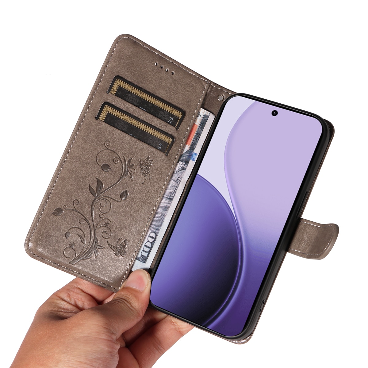 Custodia in pelle a farfalle per Oppo Reno 14 F, Grigio
