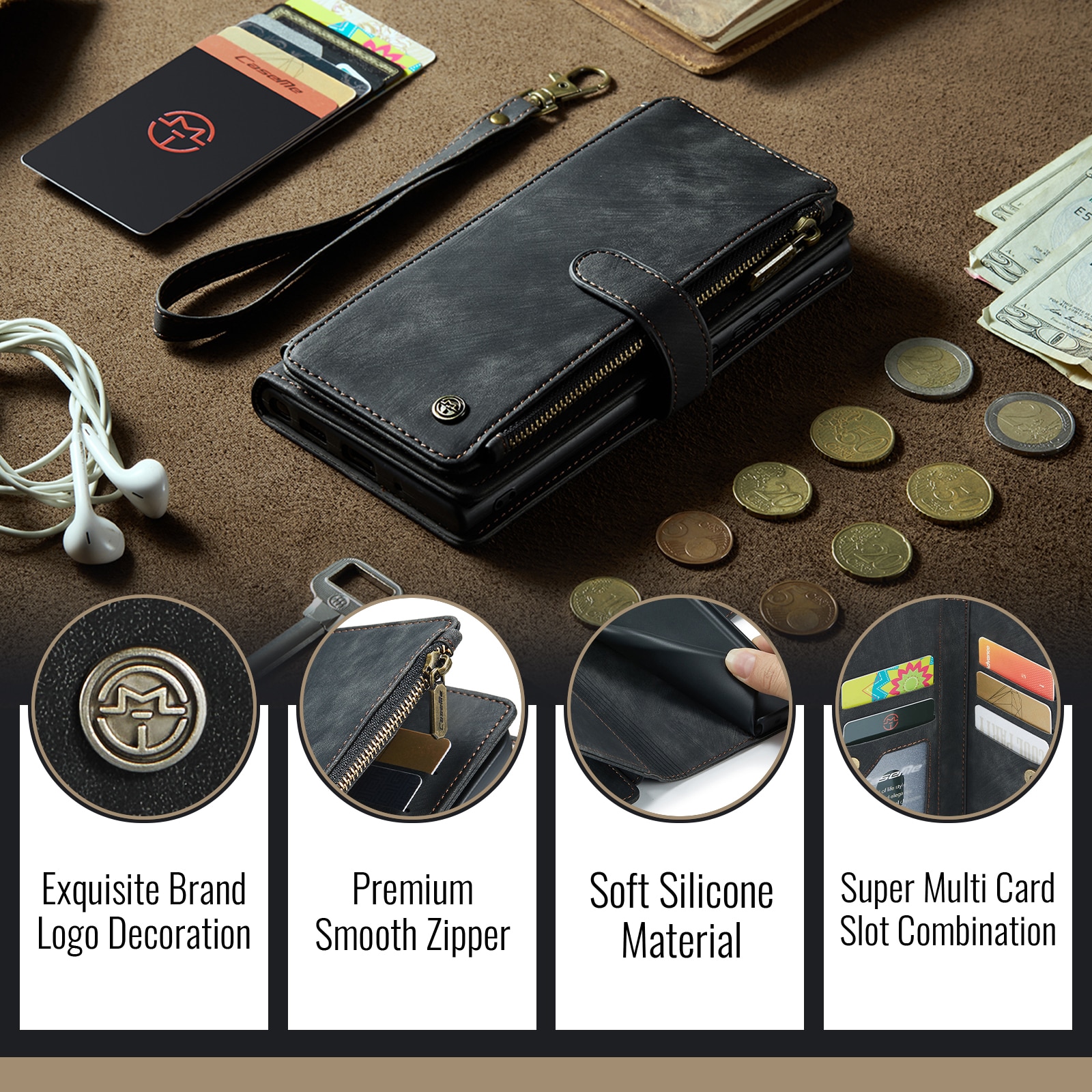 Custodie a portafoglio Zipper iPhone 17 Nero