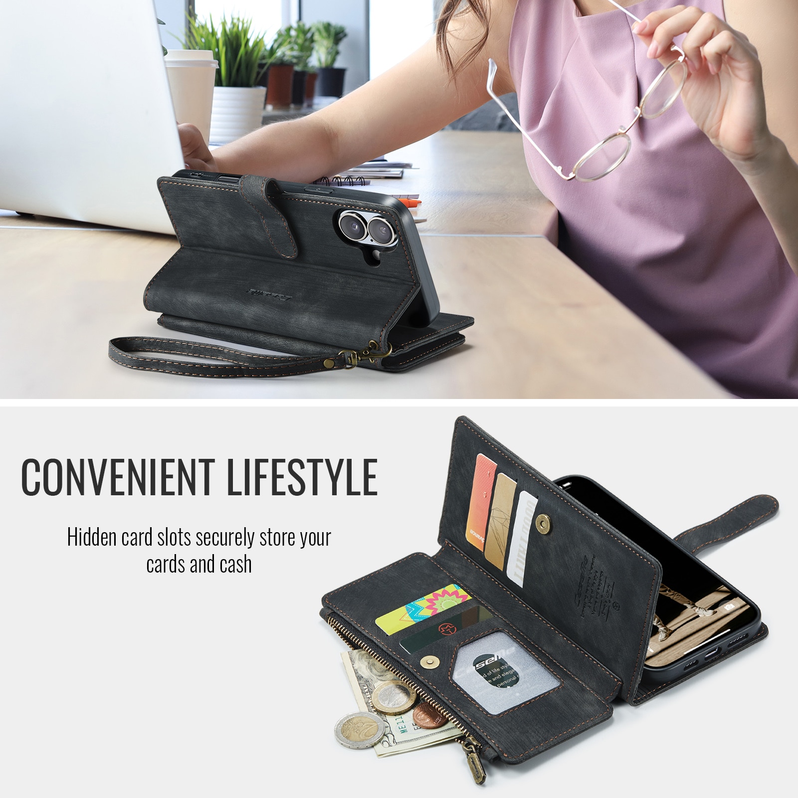 Custodie a portafoglio Zipper iPhone 17 Nero