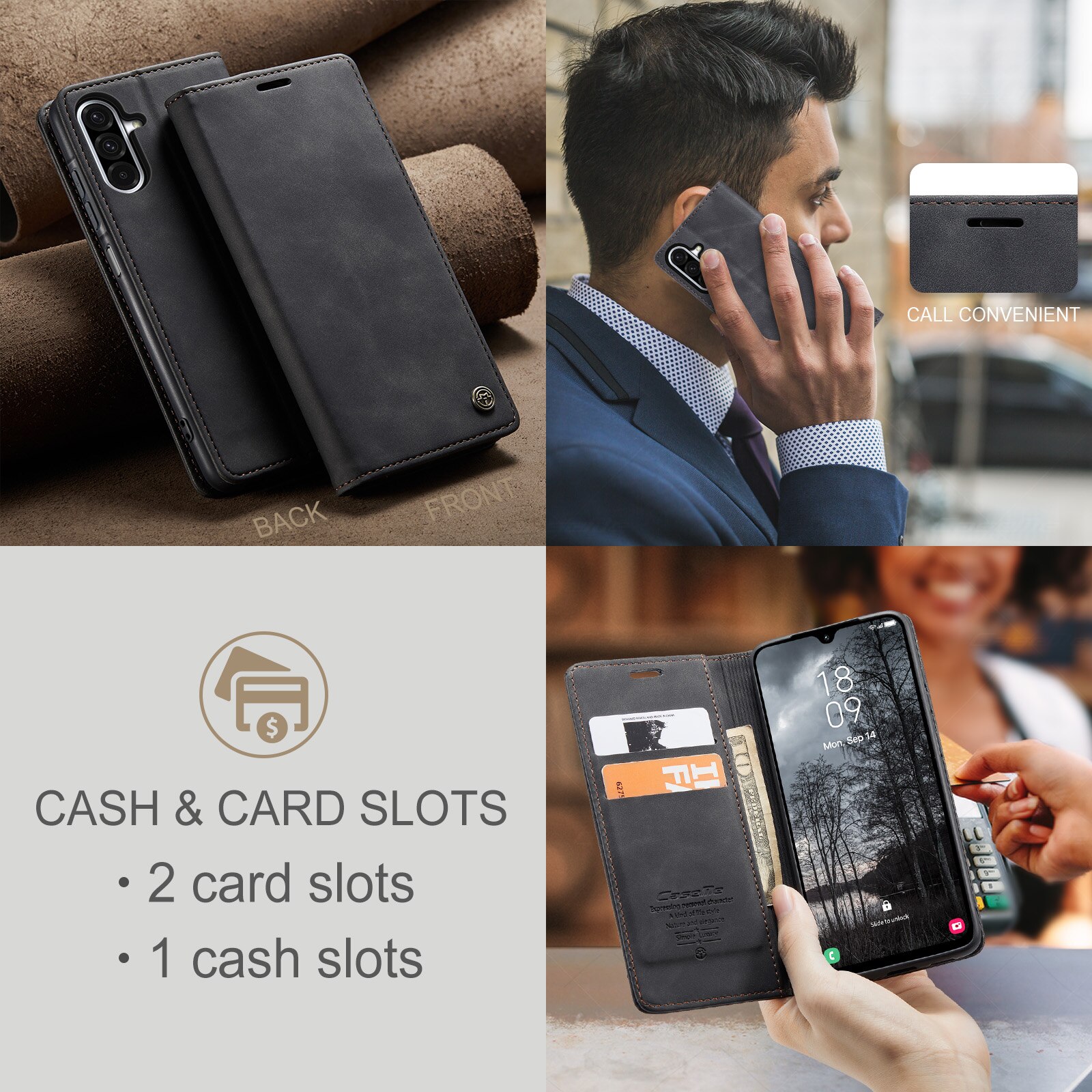 Custodie a portafoglio sottili Samsung Galaxy A17 Nero