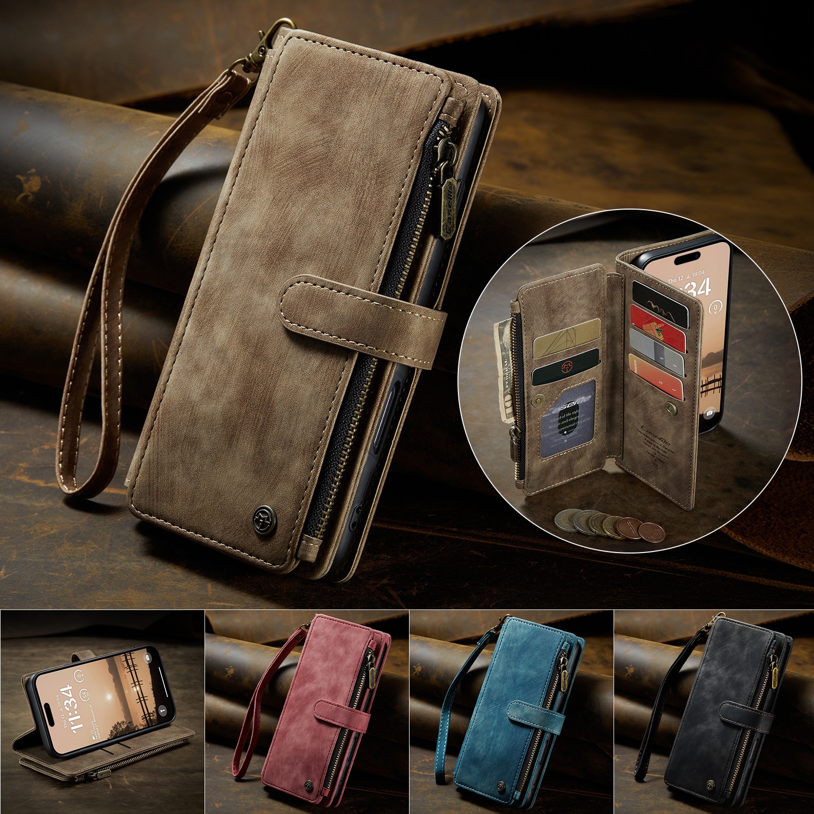 Custodie a portafoglio Zipper iPhone 17 Pro Marrone