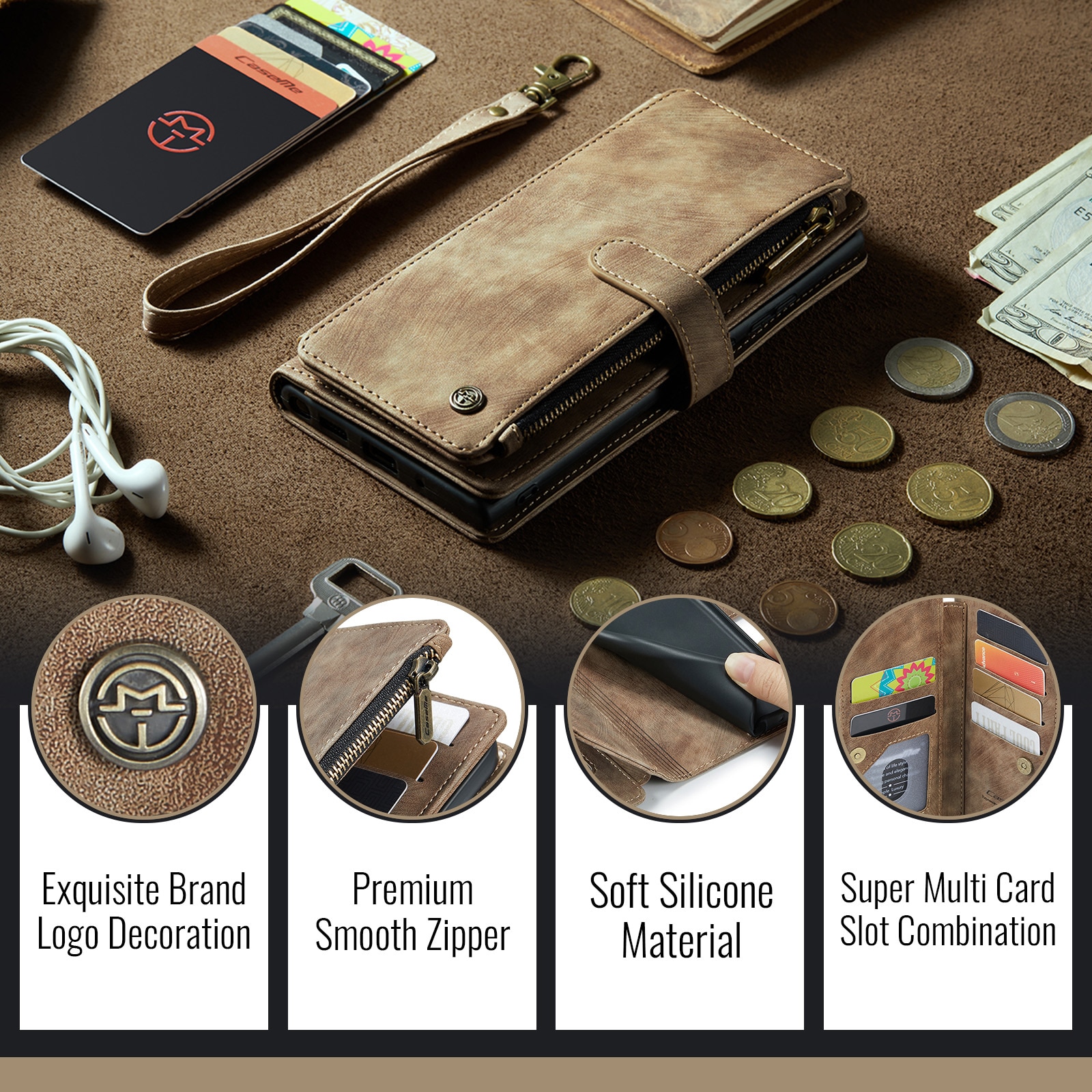 Custodie a portafoglio Zipper iPhone 17 Pro Marrone