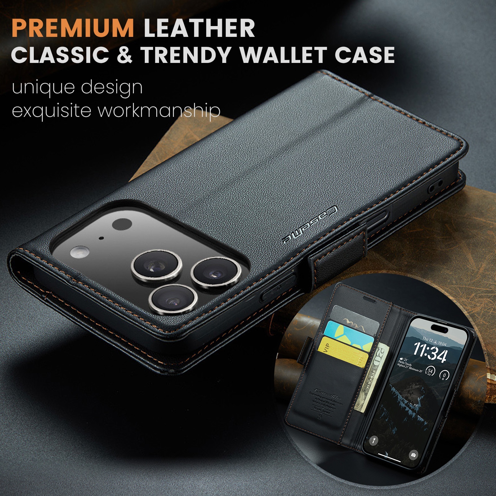 Custodie a portafoglio sottili anti-RFID iPhone 17 Pro Max Nero