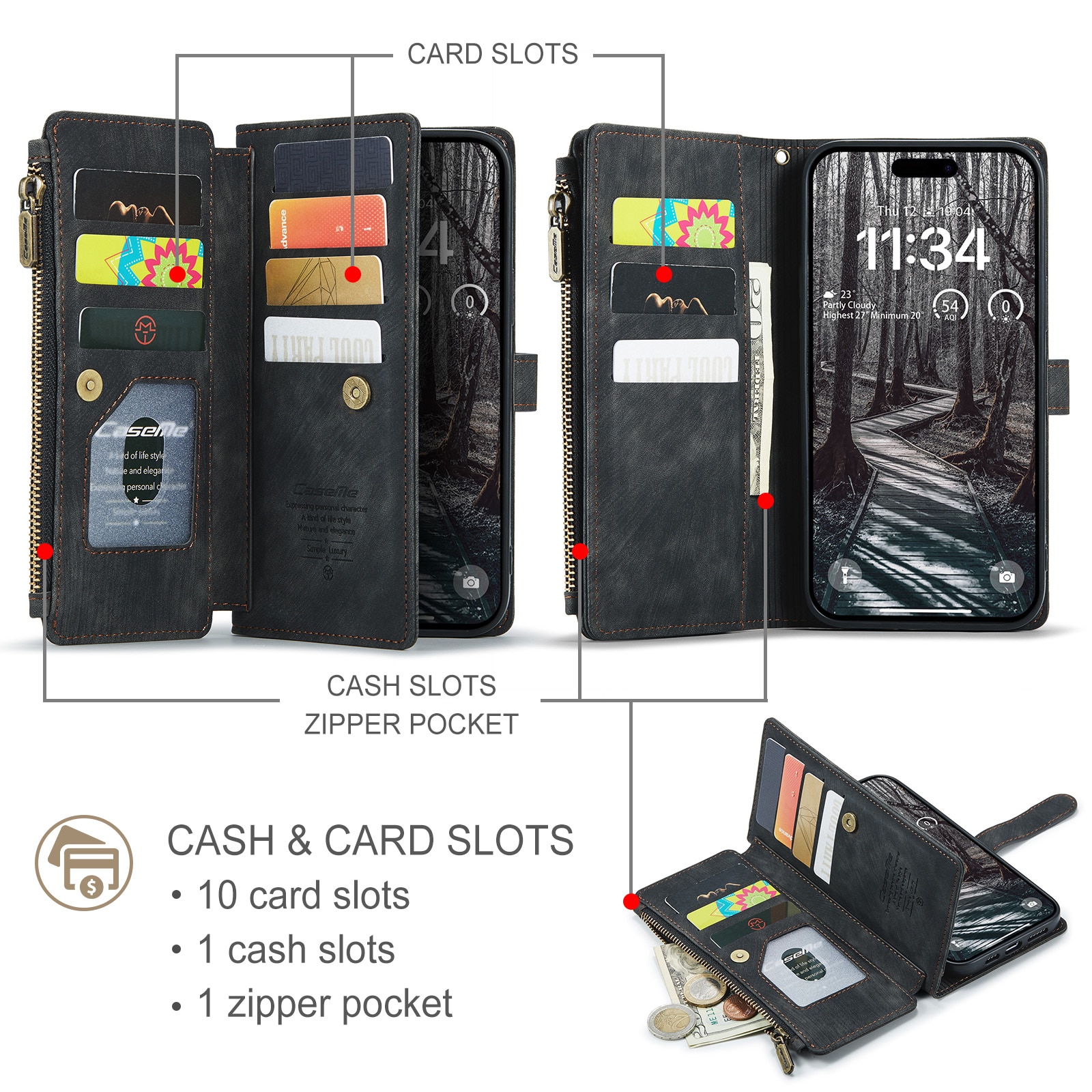 Custodie a portafoglio Zipper iPhone 17 Pro Max Nero