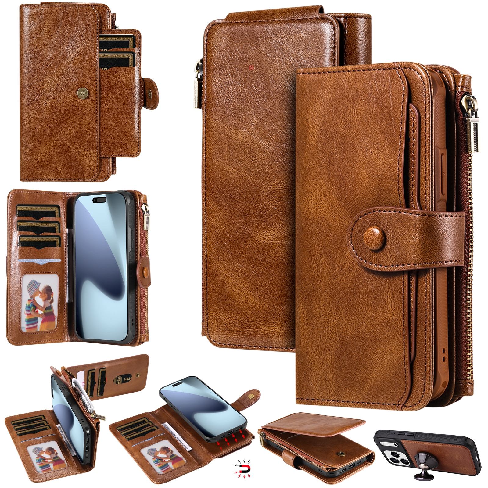 Magnet Leather Multi Wallet iPhone 17 Pro Marrone