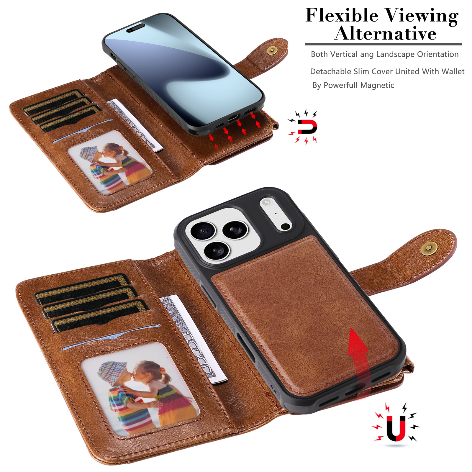 Magnet Leather Multi Wallet iPhone 17 Pro Max Marrone