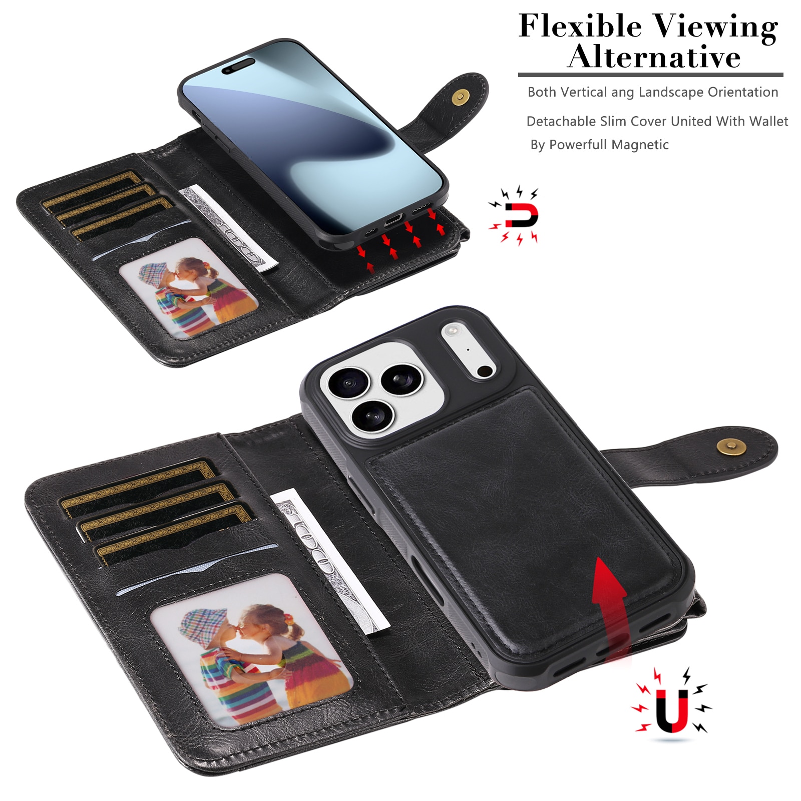 Magnet Leather Multi Wallet iPhone 17 Pro Max nero