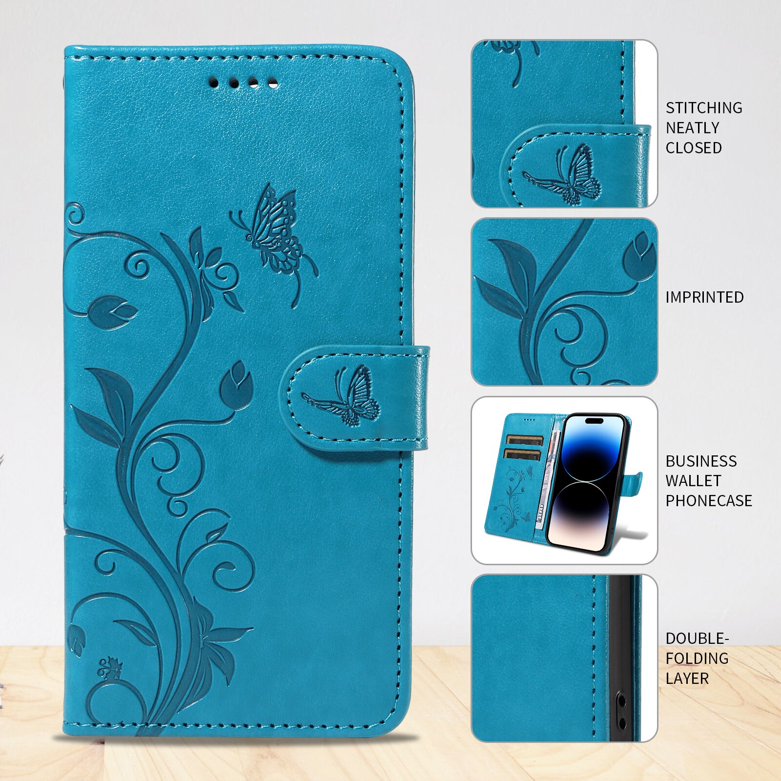 Custodia in pelle a farfalle per Sony Xperia 10 VII, Blu