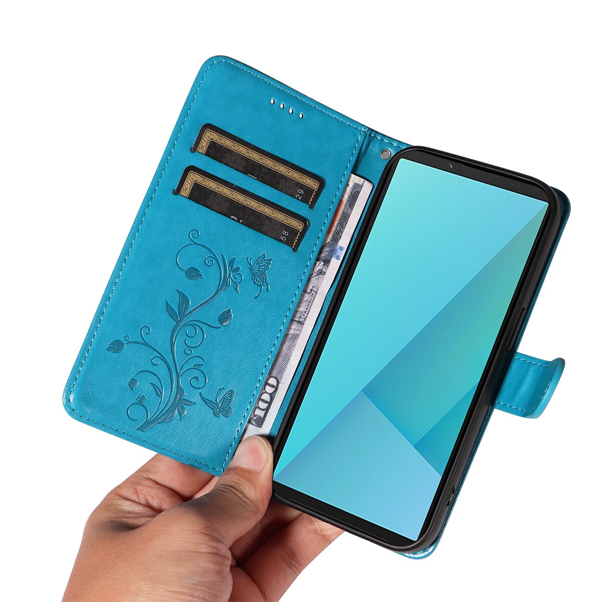 Custodia in pelle a farfalle per Sony Xperia 10 VII, Blu