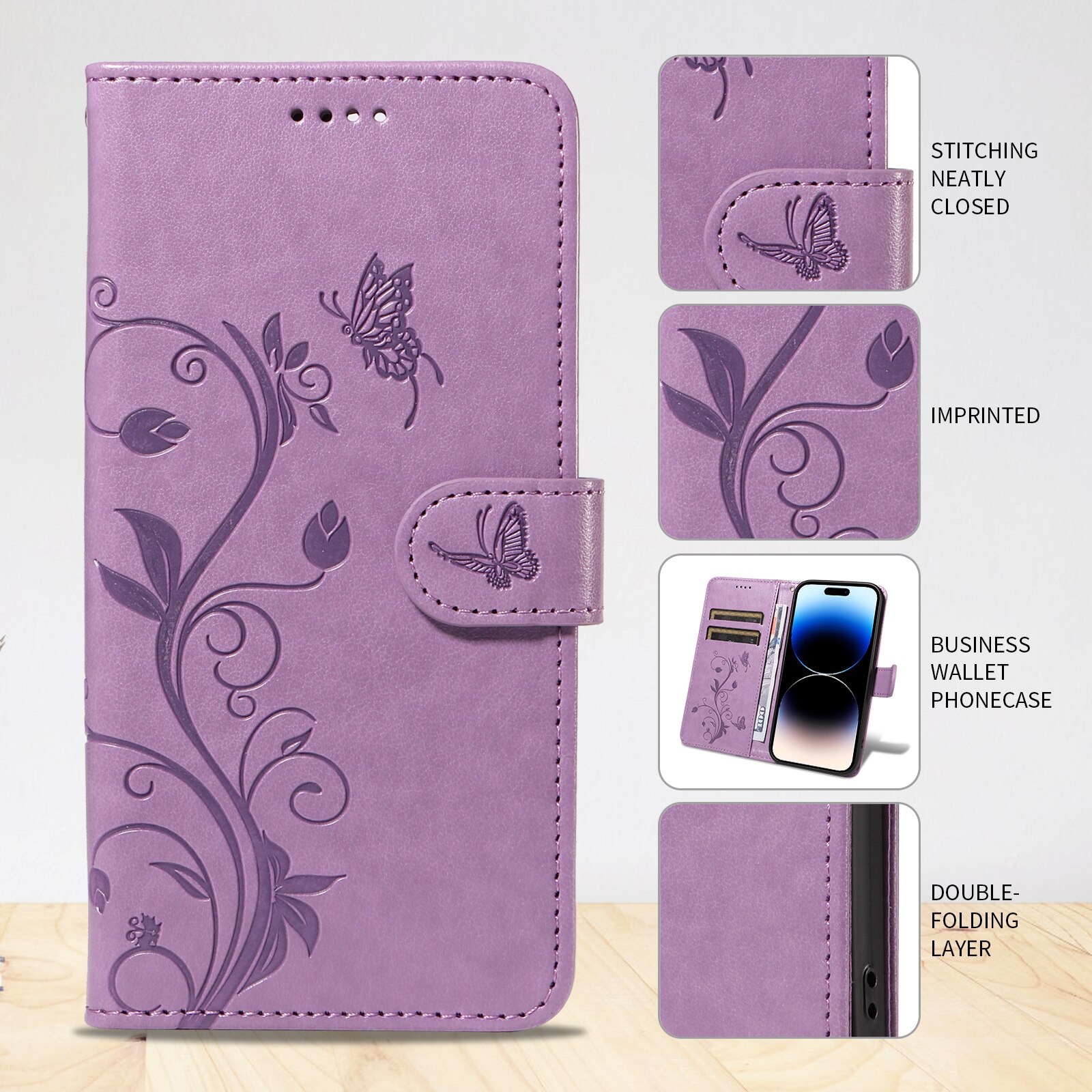 Custodia in pelle a farfalle per Sony Xperia 10 VII, Viola
