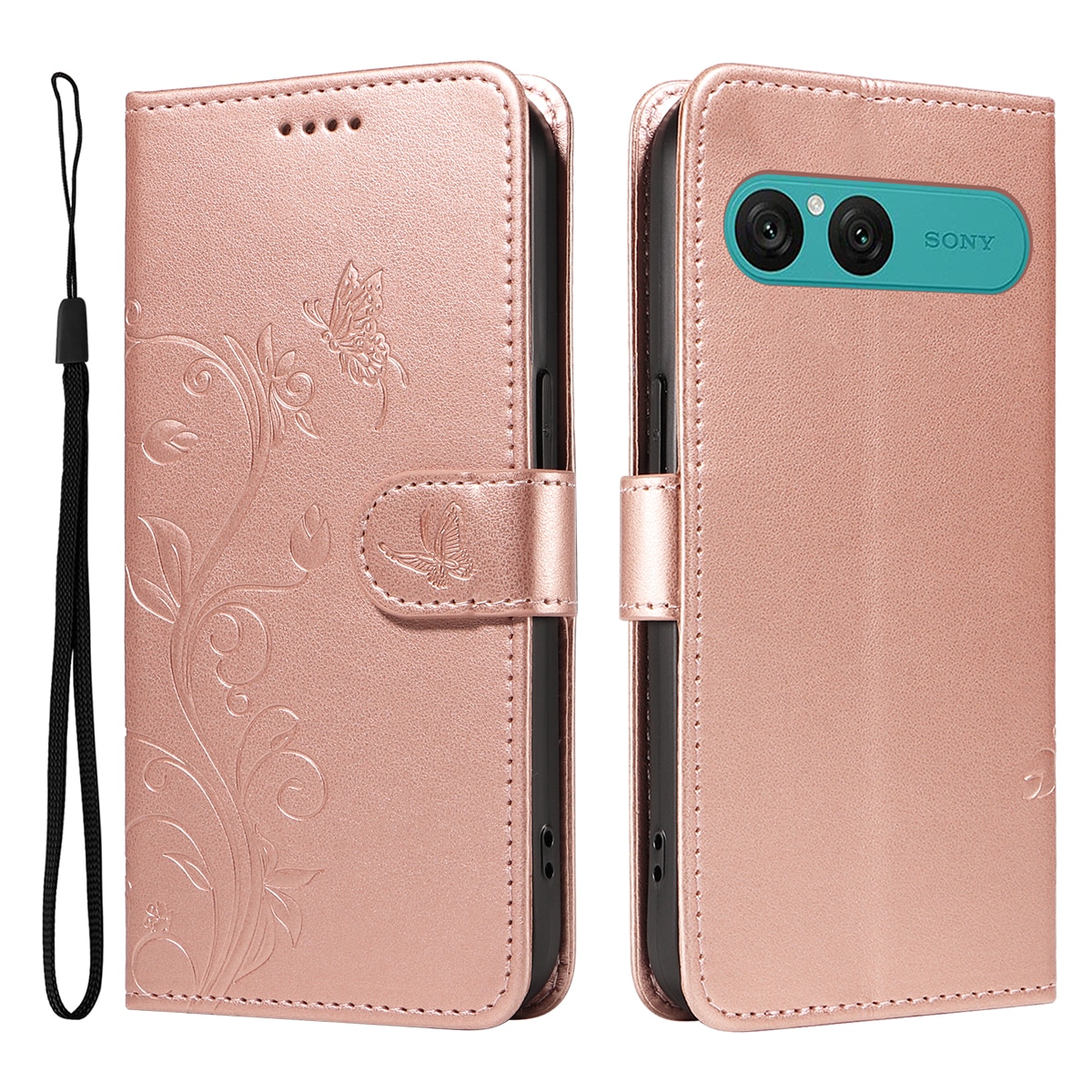 Custodia in pelle a farfalle per Sony Xperia 10 VII, Oro rosa