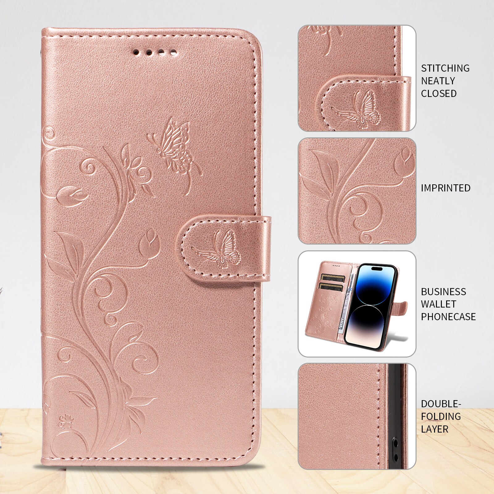 Custodia in pelle a farfalle per Sony Xperia 10 VII, Oro rosa